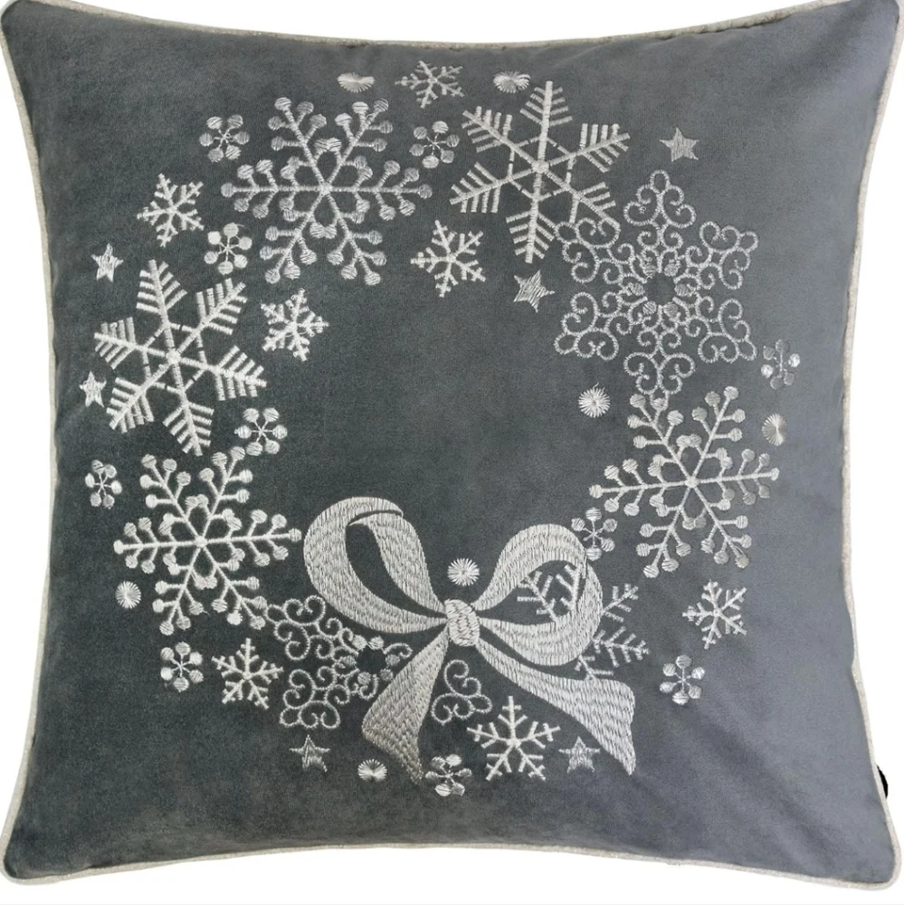 Homey COZY Embroidery Gray Wreath Velvet Throw Pillow, Christmas, 20